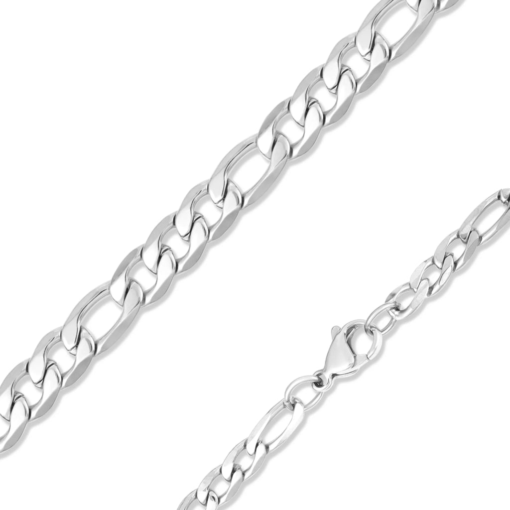 A stainless steel Figaro chain necklace with a flat construction, displayed against a white background.