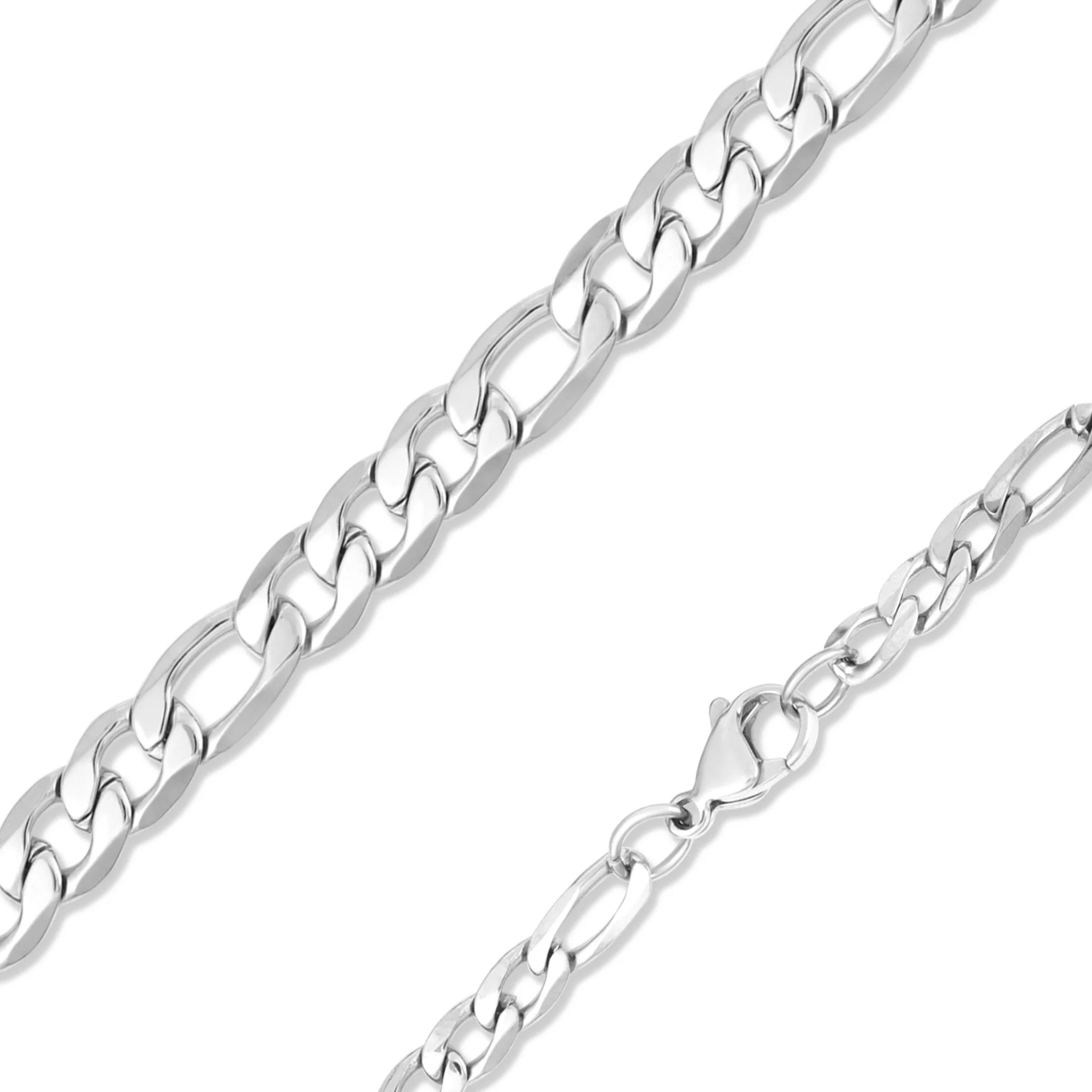 A stainless steel Figaro chain necklace with a flat construction, displayed against a white background.