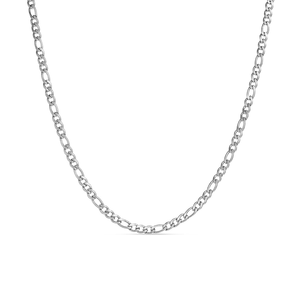 A stainless steel Figaro chain necklace with a flat construction, displayed against a white background.