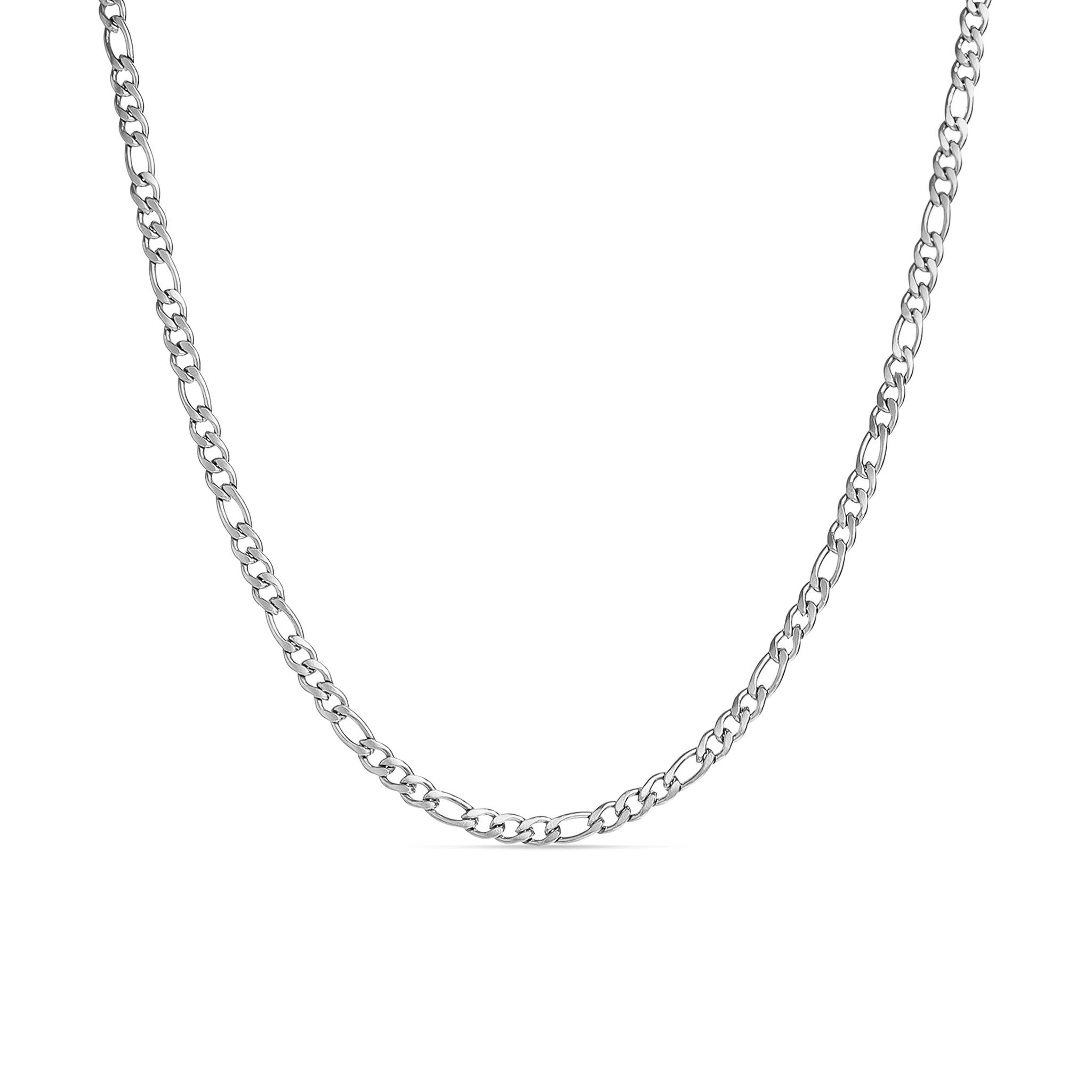 A stainless steel Figaro chain necklace with a flat construction, displayed against a white background.