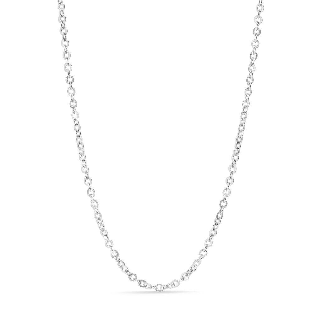 A sterling silver platinum plated loop chain necklace laid out on a plain background.