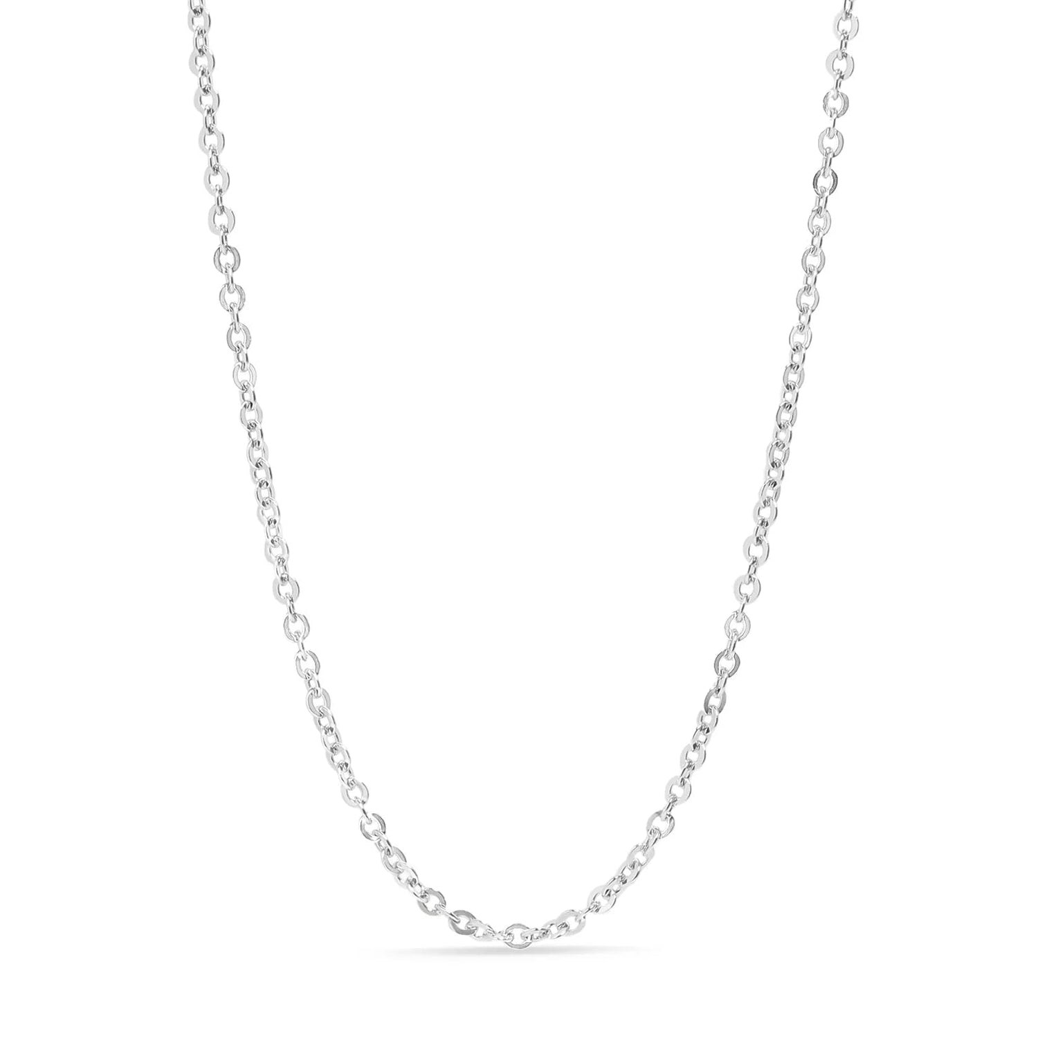 A sterling silver platinum plated loop chain necklace laid out on a plain background.