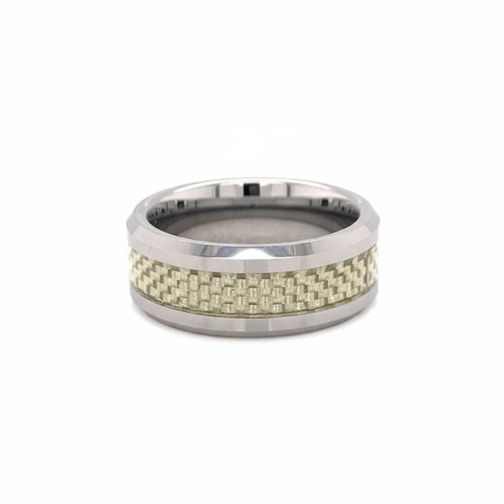 18K PVD Coated Tungsten Trim Gold Pattern Center Comfort Fit Ring