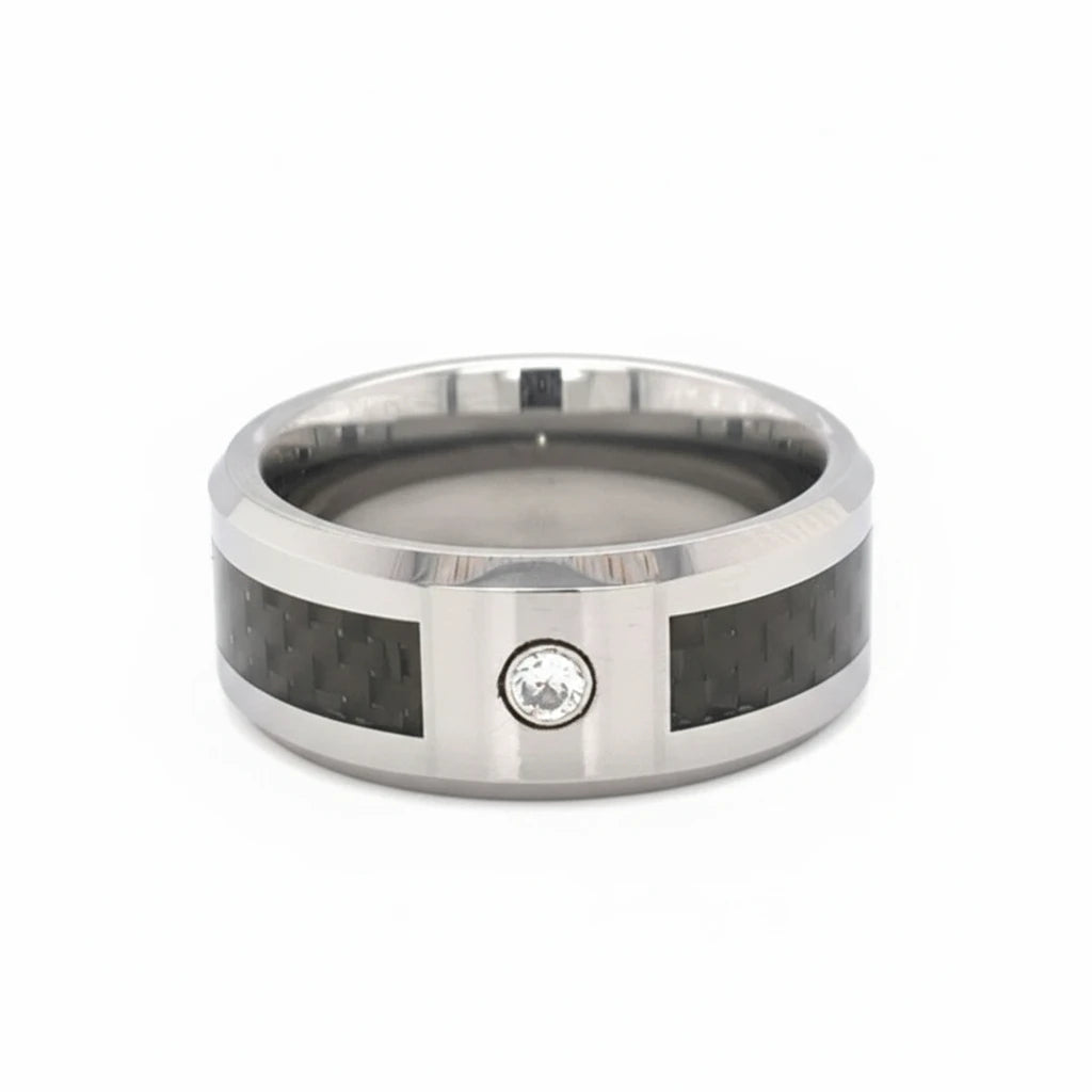 Black Fiber Center With Clear CZ Stone Tungsten Comfort Fit Ring