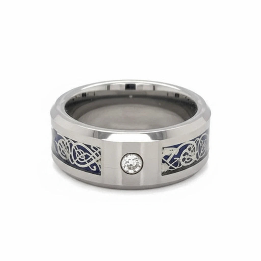 Blue Decorative Center With Clear CZ Stone Tungsten Comfort Fit Ring