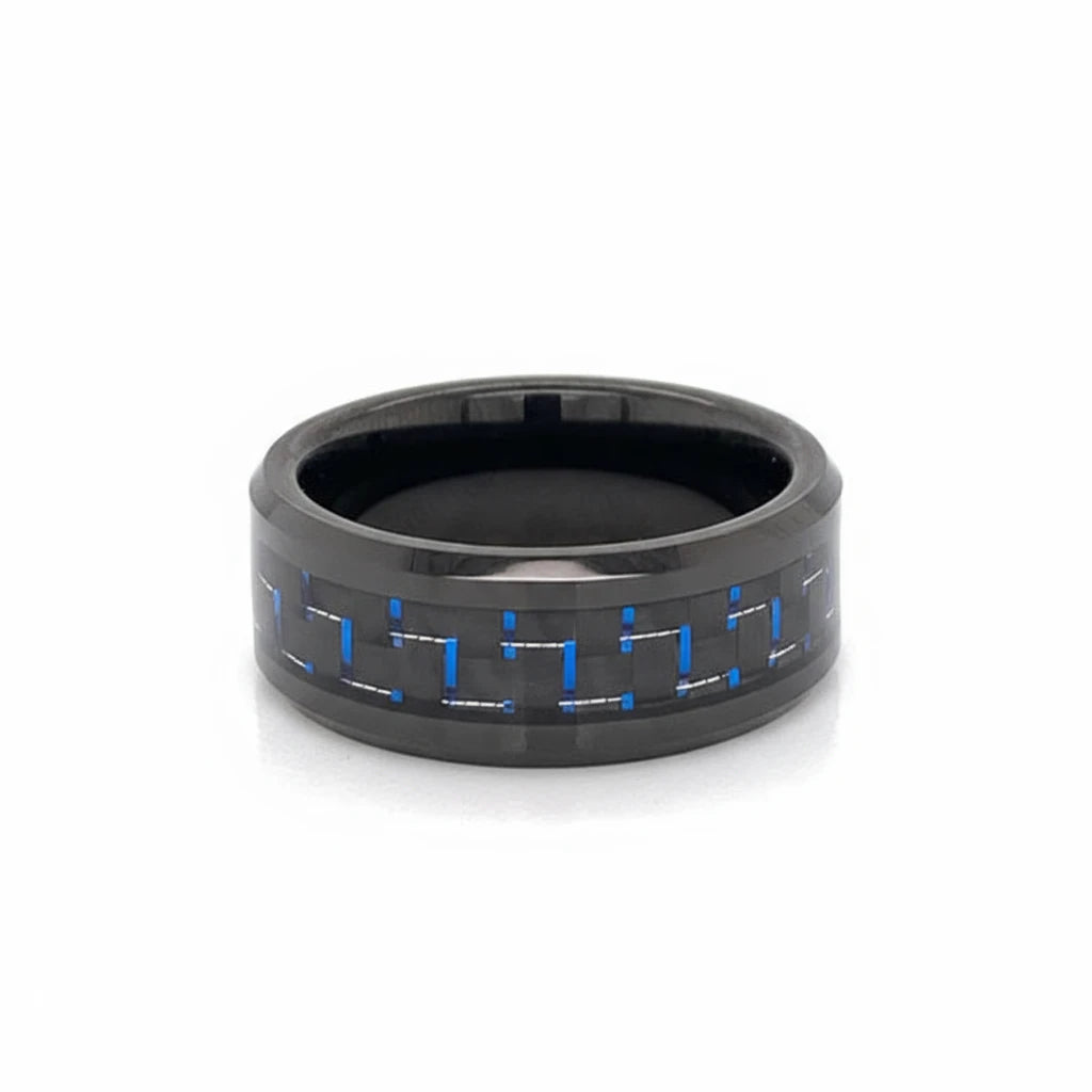 Black With Blue Accents Tungsten Comfort Fit Ring